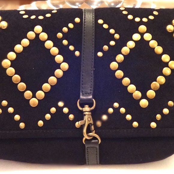 BLACK SUEDE CLUTCH OR CROSS BODY WITH GOLD STUDS A - Picture 6 of 10